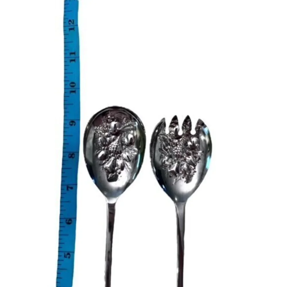 Vintage Sheffield England Embossed‎ Silver Plate Salad Serving Fork & Spoon 9.5